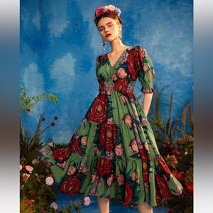 SHEIN x Frida Kahlo green floral midi dress